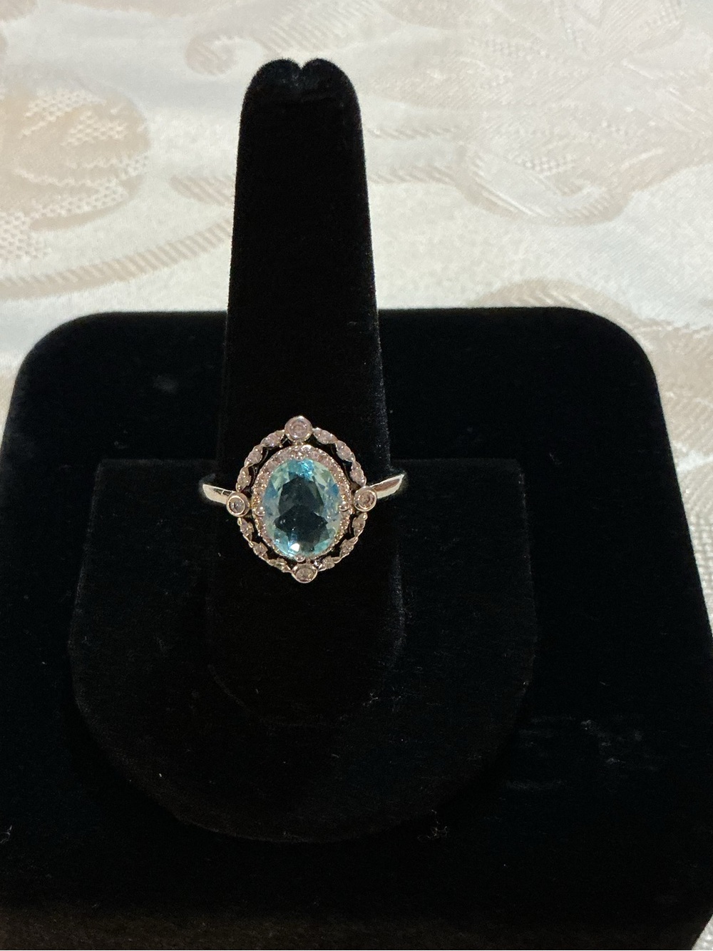 Lab Grown Aquamarine Oval Halo Vintage Inspired Silver Tone Statement Ring